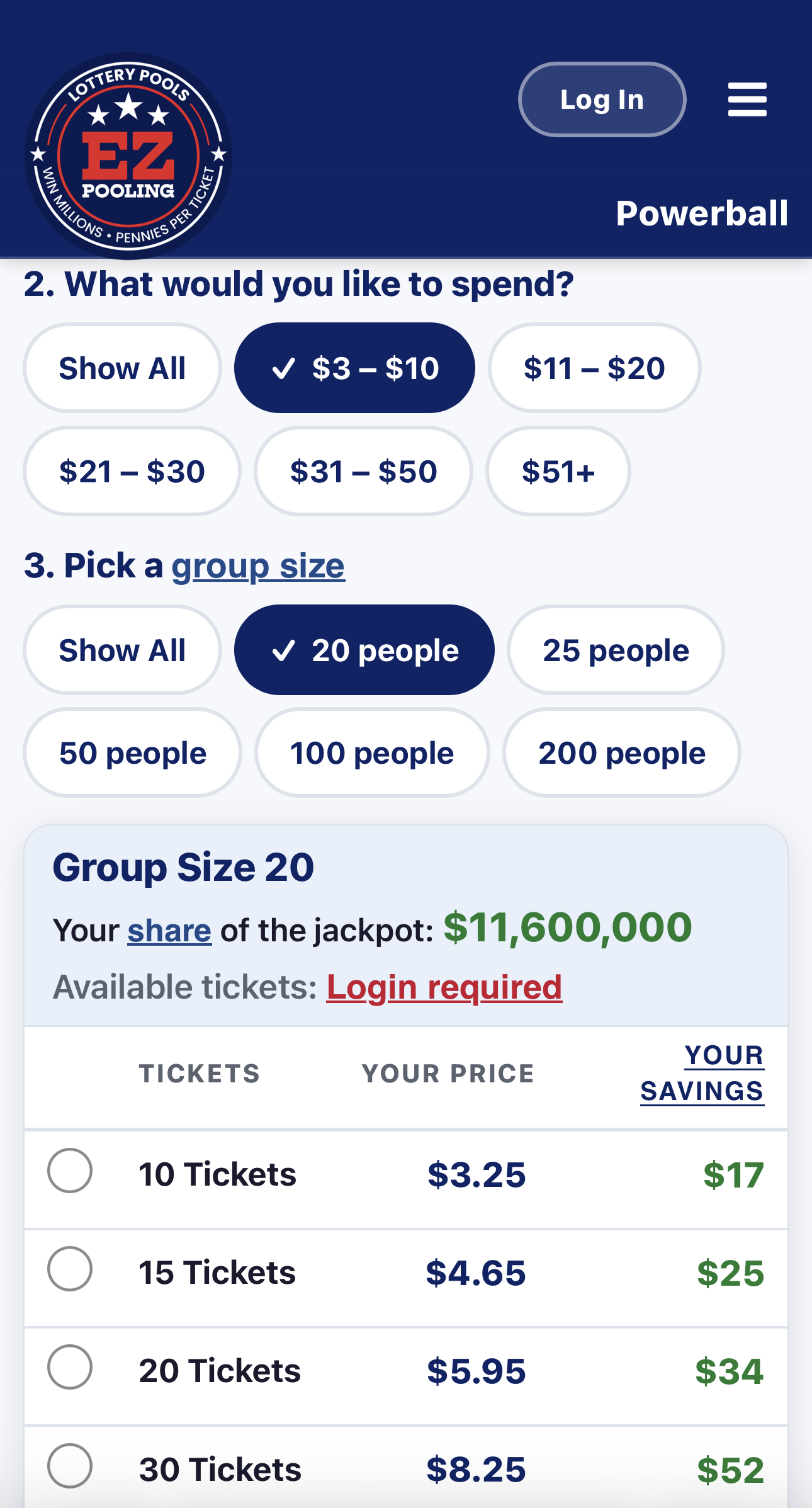 Example from a phone of Powerball pool choices by amount spent and group size